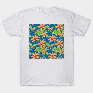 Tropical Bliss: Hawaiian Orange Leaves on Celestial Blue T-Shirt